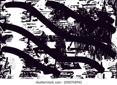 Distressed background in black and white texture with  dark spots, scratches and lines. Abstract vector illustration