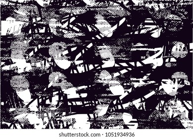 Distressed background in black and white texture with  dark spots, scratches and lines. Abstract vector illustration