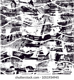 Distressed background in black and white texture with  dark spots, scratches and lines. Abstract vector illustration