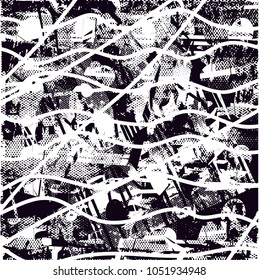Distressed background in black and white texture with  dark spots, scratches and lines. Abstract vector illustration