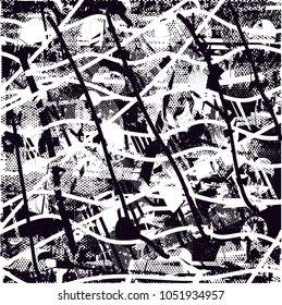 Distressed background in black and white texture with  dark spots, scratches and lines. Abstract vector illustration