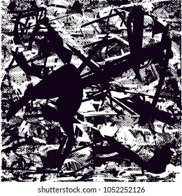Distressed background in black and white texture with  dark spots, scratches and lines. Abstract vector illustration