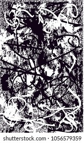 Distressed background in black and white texture with  dark spots, scratches and lines. Abstract vector illustration