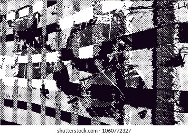 Distressed background in black and white texture with  dark spots, scratches and lines. Abstract vector illustration