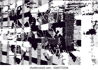 Distressed background in black and white texture with  dark spots, scratches and lines. Abstract vector illustration