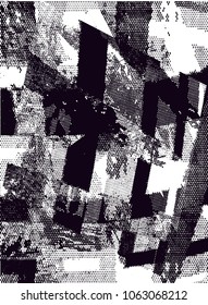 Distressed background in black and white texture with  dark spots, scratches and lines. Abstract vector illustration