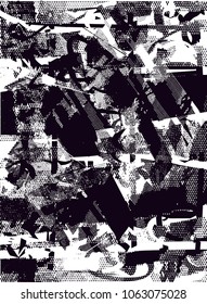 Distressed background in black and white texture with  dark spots, scratches and lines. Abstract vector illustration