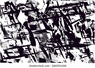 Distressed background in black and white texture with  dark spots, scratches and lines. Abstract vector illustration