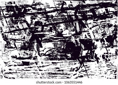 Distressed background in black and white texture with  dark spots, scratches and lines. Abstract vector illustration