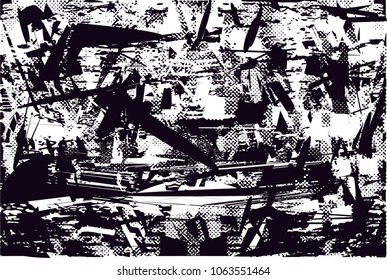 Distressed background in black and white texture with  dark spots, scratches and lines. Abstract vector illustration
