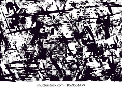 Distressed background in black and white texture with  dark spots, scratches and lines. Abstract vector illustration