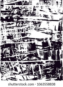Distressed background in black and white texture with  dark spots, scratches and lines. Abstract vector illustration