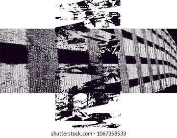 Distressed background in black and white texture with  cross, dark spots, scratches and lines. Abstract vector illustration