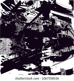 Distressed background in black and white texture with  dark spots, scratches and lines. Abstract vector illustration