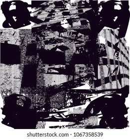 Distressed background in black and white texture with  dark spots, scratches and lines. Abstract vector illustration