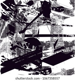 Distressed background in black and white texture with  dark spots, scratches and lines. Abstract vector illustration