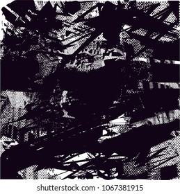Distressed background in black and white texture with  dark spots, scratches and lines. Abstract vector illustration