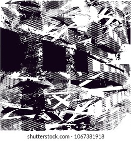 Distressed background in black and white texture with  dark spots, scratches and lines. Abstract vector illustration