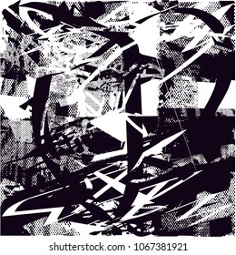 Distressed background in black and white texture with  dark spots, scratches and lines. Abstract vector illustration