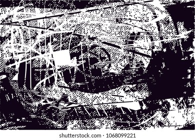 Distressed background in black and white texture with  dark spots, scratches and lines. Abstract vector illustration