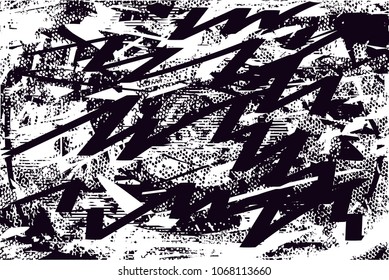 Distressed background in black and white texture with  dark spots, scratches and lines. Abstract vector illustration