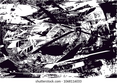Distressed background in black and white texture with  dark spots, scratches and lines. Abstract vector illustration