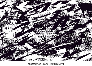 Distressed background in black and white texture with  dark spots, scratches and lines. Abstract vector illustration