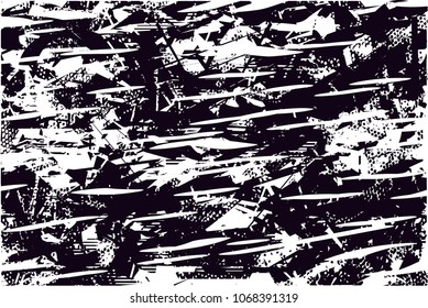 Distressed background in black and white texture with  dark spots, scratches, nets and lines. Abstract vector illustration