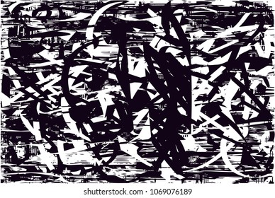 Distressed background in black and white texture with  dark spots, scratches and lines. Abstract vector illustration