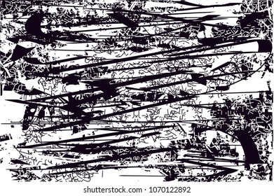 Distressed background in black and white texture with  dark spots, scratches and lines. Abstract vector illustration