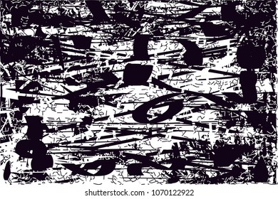 Distressed background in black and white texture with  dark spots, scratches and lines. Abstract vector illustration