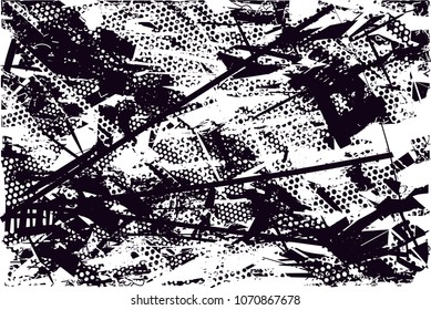 Distressed background in black and white texture with  dark spots, scratches and lines. Abstract vector illustration