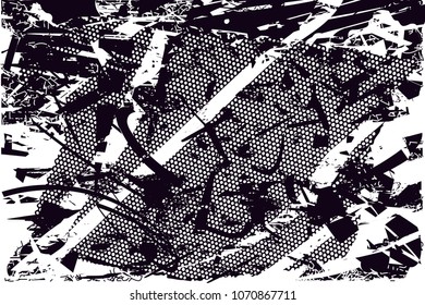 Distressed background in black and white texture with  dark spots, scratches and lines. Abstract vector illustration