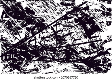 Distressed background in black and white texture with  dark spots, scratches and lines. Abstract vector illustration