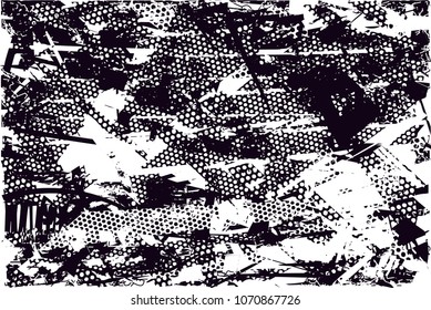 Distressed background in black and white texture with  dark spots, scratches and lines. Abstract vector illustration