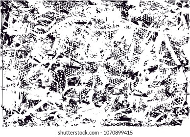 Distressed background in black and white texture with  dark spots, scratches and lines. Abstract vector illustration