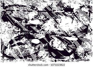 Distressed background in black and white texture with  dark spots, scratches and lines. Abstract vector illustrati