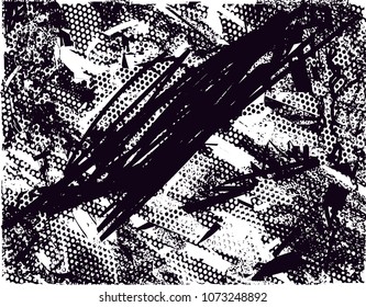 Distressed background in black and white texture with  dark spots, scratches and lines. Abstract vector illustration