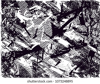Distressed background in black and white texture with  dark spots, scratches and lines. Abstract vector illustration