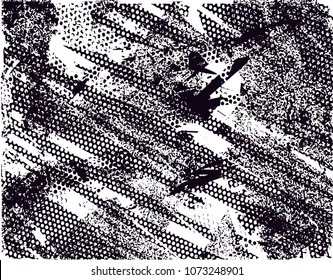 Distressed background in black and white texture with  dark spots, scratches and lines. Abstract vector illustration