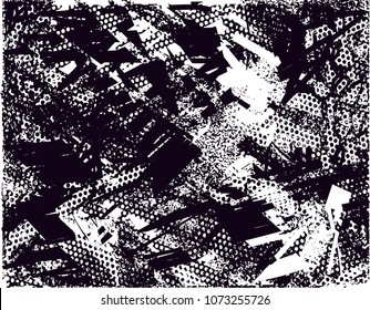 Distressed background in black and white texture with  dark spots, scratches and lines. Abstract vector illustration