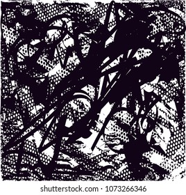 Distressed background in black and white texture with  dark spots, scratches and lines. Abstract vector illustration
