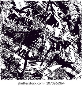 Distressed background in black and white texture with  dark spots, scratches and lines. Abstract vector illustration