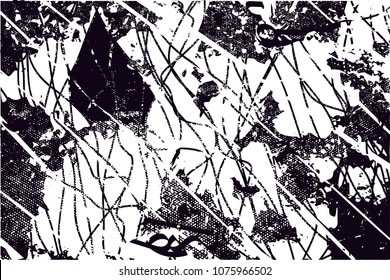 Distressed background in black and white texture with  dark spots, scratches and lines. Abstract vector illustration