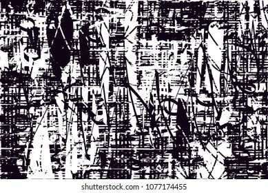Distressed background in black and white texture with  dark spots, scratches and lines. Abstract vector illustration
