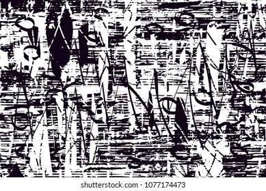 Distressed background in black and white texture with  dark spots, scratches and lines. Abstract vector illustration
