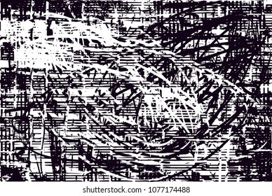 Distressed background in black and white texture with  dark spots, scratches and lines. Abstract vector illustration
