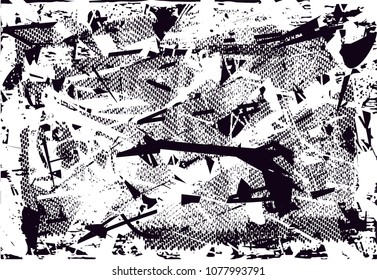 Distressed background in black and white texture with  dark spots, scratches and lines. Abstract vector illustration