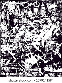 Distressed background in black and white texture with  dark spots, scratches and lines. Abstract vector illustration