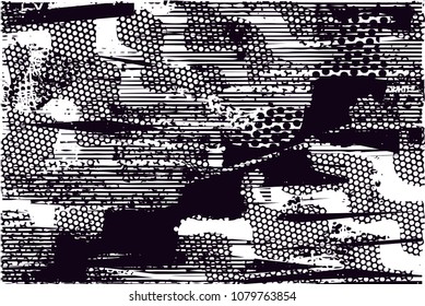 Distressed background in black and white texture with  dark spots, scratches and lines. Abstract vector illustration
